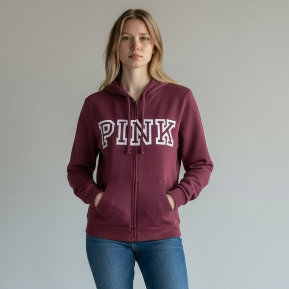 PINK by Victoria's Secret Full‎ Zip Everyday Lounge Hoodie L Burgundy Plum #178J